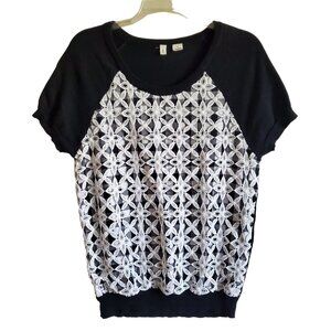 MOTH Anthropologie Black and White Gingham Lace Overlap Short Sleeve Sweater Med